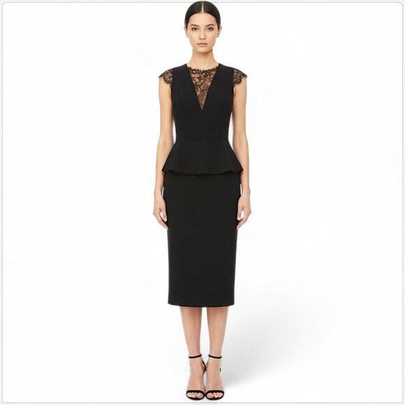 SALTT Black Lace Sleeve Trim Peplum Fitted Sheath Midi Dress Sample NWOT New 2 - Picture 1 of 6